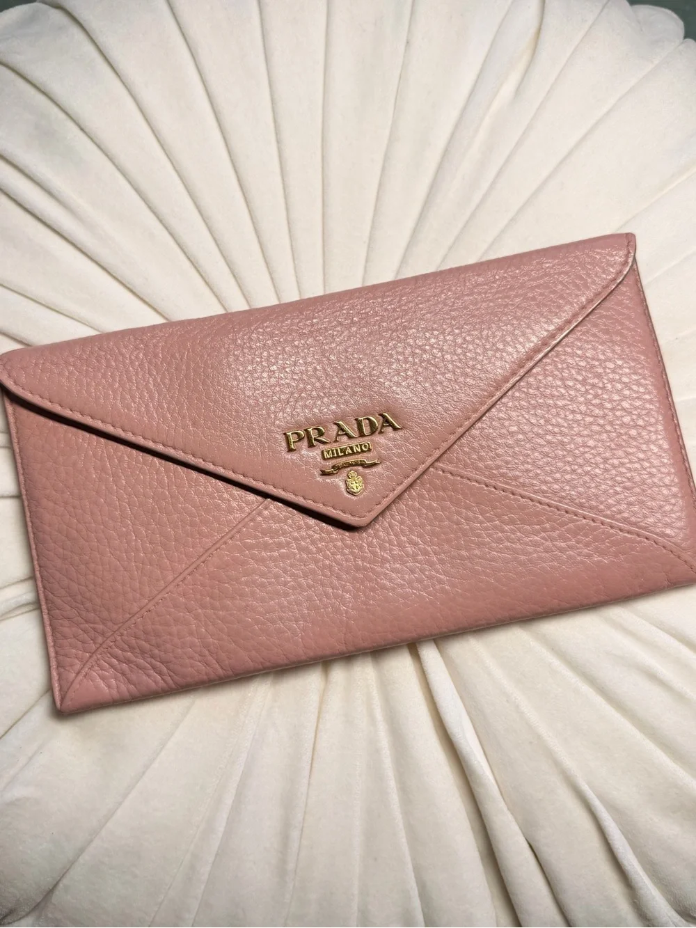 Prada Rose Pink Pebbled Leather Envelope Clutch with Gold Logo